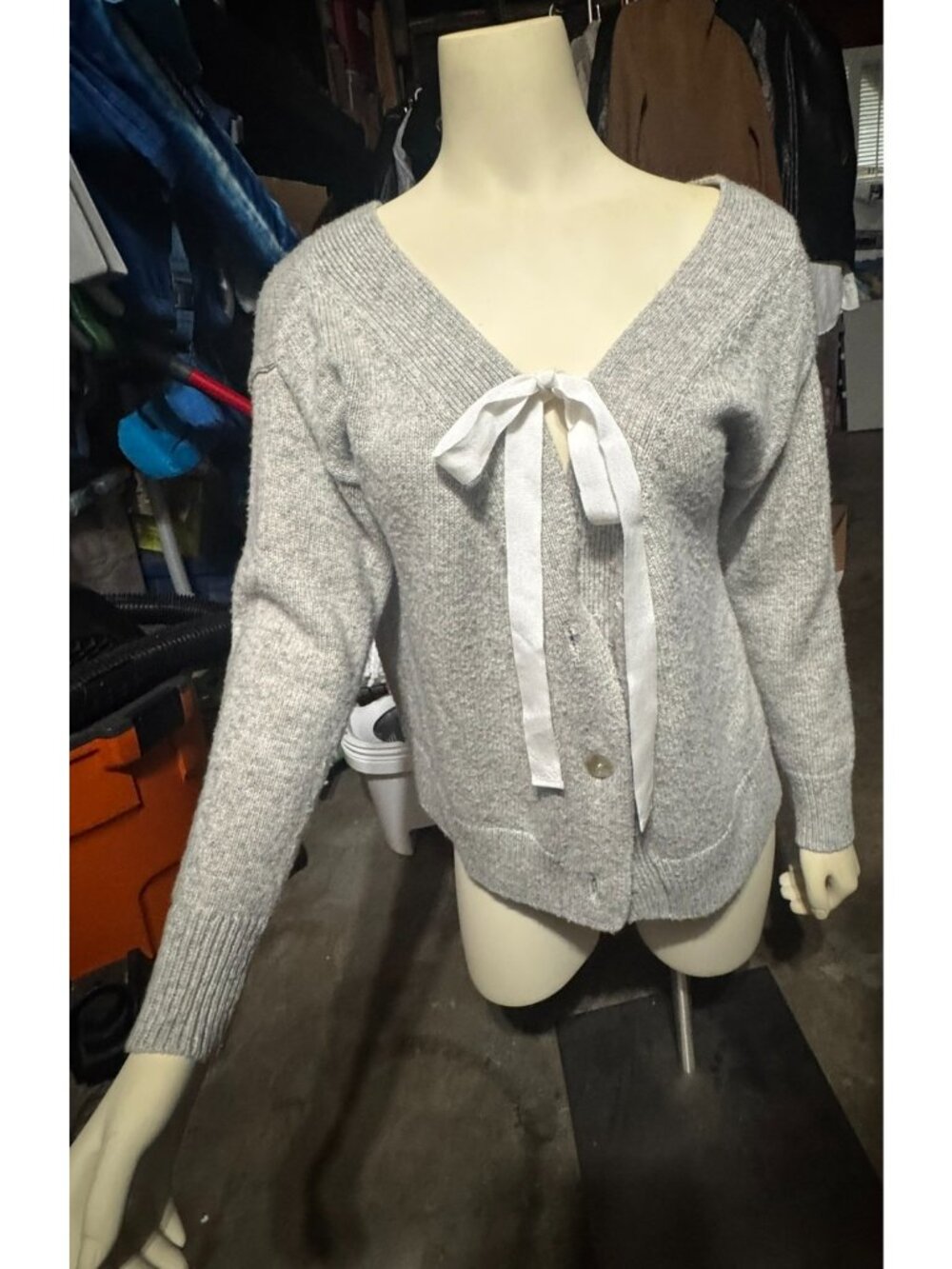 Cinq a Sept Cardigan Ribbon Gray Long Sleeve Wool Knit Feminine Luxury bow Med